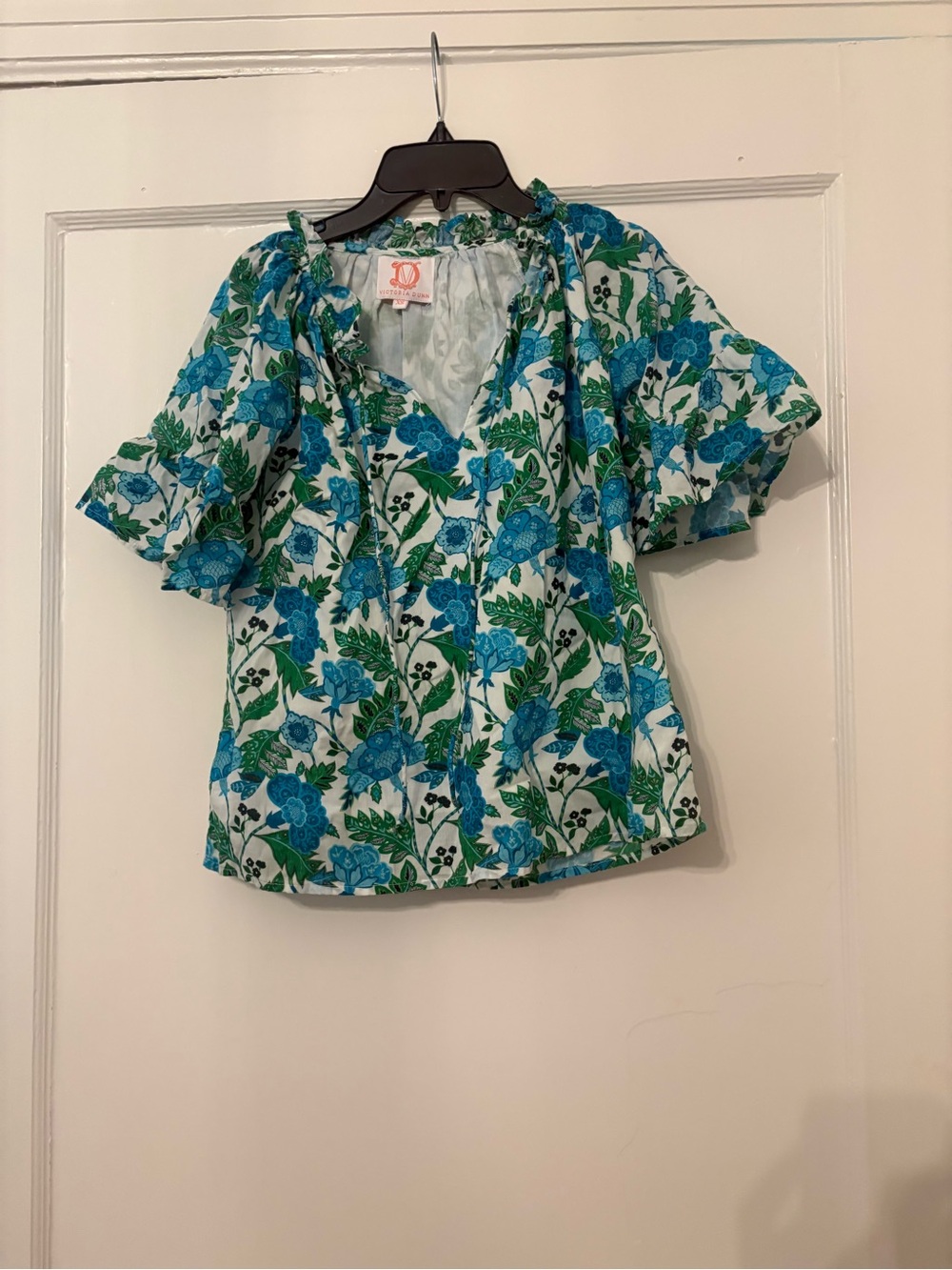 Victoria Dunn Blue and Green Floral Peasant Blouse